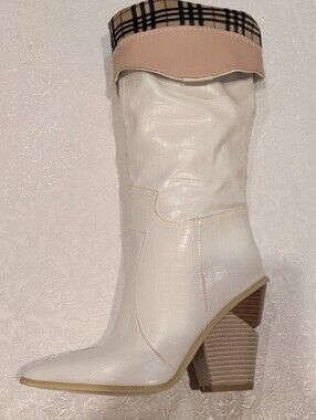 White Croc-Embossed Over-the-Knee Pointed Boots